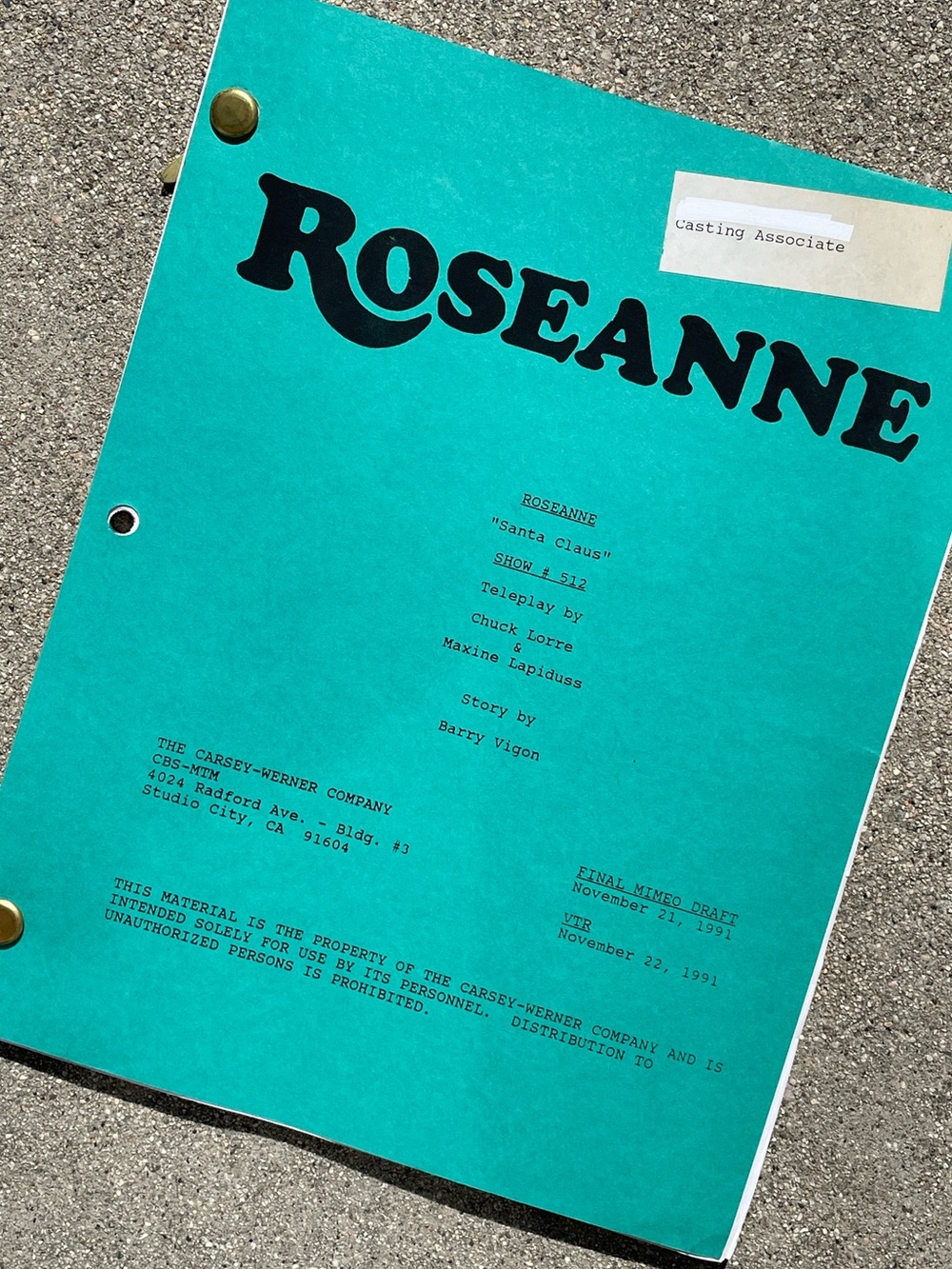Roseanne 1991 Production Used Final Mimeo Draft Script Santa Claus CHUCK LORRE!!